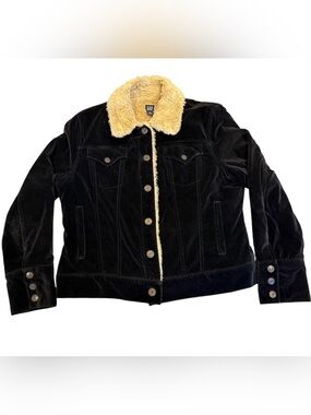 GAP Velvet Sherpa Trucker Jacket Womens Large Black Faux Shearling Lined